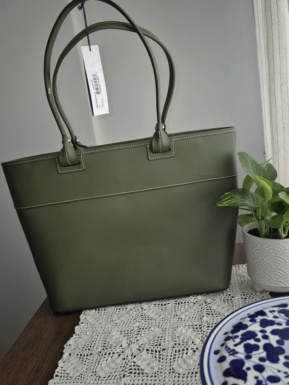 Dooney & Bourke Olive Green Beacon  Leather Tote with Front Zip Pocket